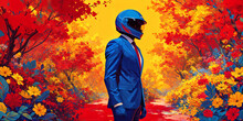 A Vibrant And Colorful Illustration Featuring A Person Wearing A Blue Suit And A Helmet, Standing Amidst A Lush Garden Filled With Red Flowers.