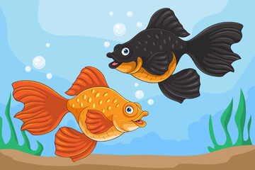 Cartoon cute goldfish on a white background