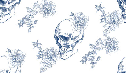 Wall Mural - Vintage skull with flowers seamless pattern on transparent background	