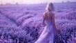   A woman in a white dress stands with her back towards the camera in a lavender field