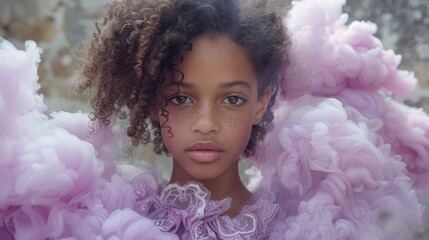 Sticker -   A tight shot of a young woman's face and unruly curls framing it