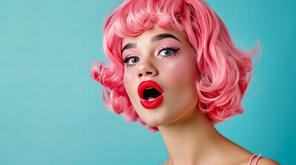 Wall Mural - Eye-catching pink wig with dramatic open mouth and vibrant red lips makeup.