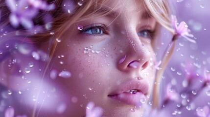 Sticker -   Close-up of woman's face with water drops and pink flowers behind