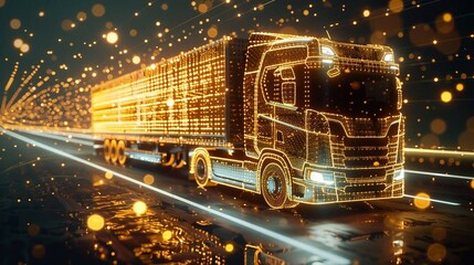 Wall Mural - digital yellow truck with glowing data stream , the integration of ai  into freight transportation and logistics management, cargo tracking for efficient supply chain operations. wireframe low poly.