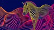   A zebra silhouetted against a mid-ground wave of neon hues, set against a black backdrop and a distant blue sky