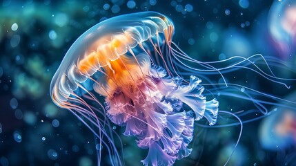 Wall Mural - Mesmerizing spectacle of Chrysaora pacifica jellyfish illuminating the ocean depths with its ethereal glow.