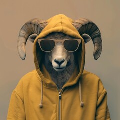 Wall Mural - Portrait of a stylish ram in a hoodie and in sunglasses on a one color background - generative ai