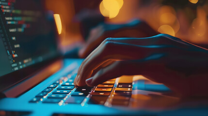 Closeup of hands typing on laptop keyboard, coding and writing code for website development in dark room with warm light bokeh background