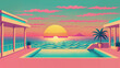 Opulent retrowave pink villa residence with infinity pool and sunset view over the ocean, warm sunny summer day vibe, relax and rewind in style.