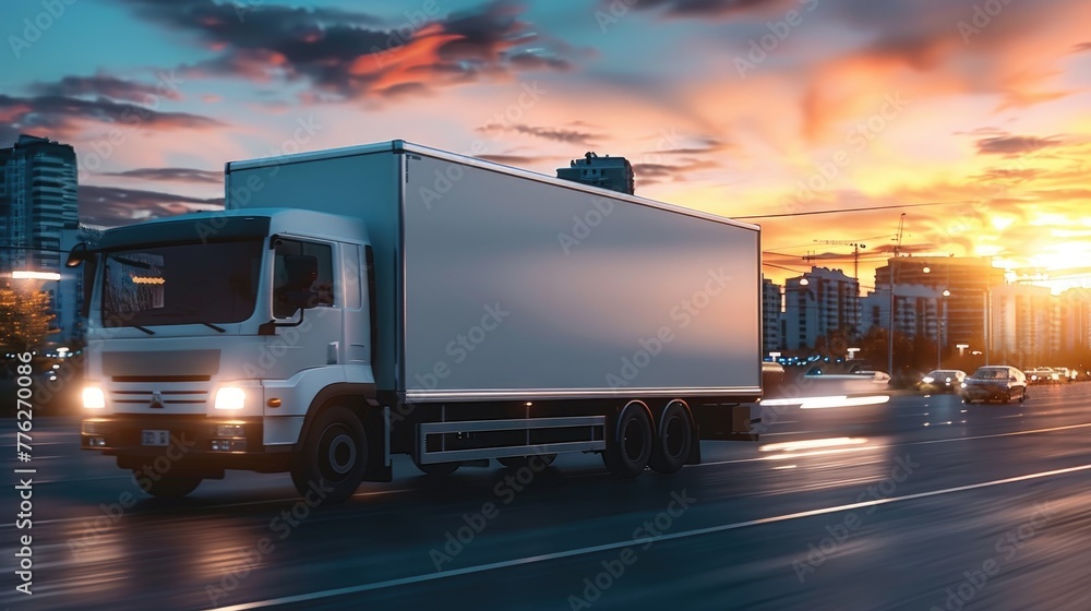 Street mock-up. White delivery van in motion on a busy city street ...