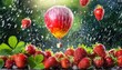 A floating red balloon above fresh strawberries amidst falling strawberries and falling rain