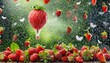 A small strawberry-shaped balloon among fresh lying strawberries and falling strawberries, with a green background with falling rain in the background and falling strawberries