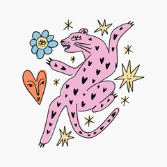 Cute pink panther boho magic leopard. Modern abstract print. Groovy doodle funky fine art style. Cosmic celestial minimalistic wild cat in cartoon childish style. Wild African animal poster or leaflet