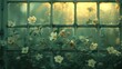   A window reflected sun's rays through panes, flowers arranged before it