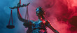 Lady Of Law And Justice Hold Justice Scale, Goddess Of Justitia Themis, Vivid Abstract Background Banner, Symbol Of Judgement And Legal System