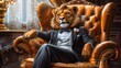   A painting of a lion in a tuxedo seated in a chair, paws resting on the chair back