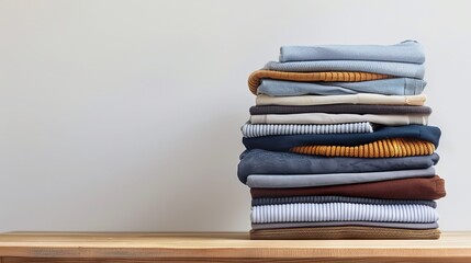 Organized pile of clean, folded clothes on a wooden table. Shirts and sweaters neatly arranged. White background with copy space.