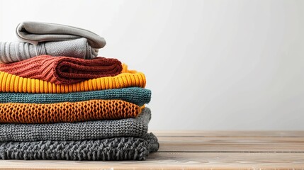 Wall Mural - Organized pile of clean, folded clothes on a wooden table. Shirts and sweaters neatly arranged. White background with copy space.