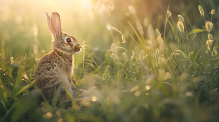 Wall Mural - A charming rabbit sitting amidst a field of tall grasses, with dappled sunlight creating a magical atmosphere, presenting a tranquil scene with abundant copy space and a softly blurred background