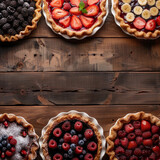 Two Rows of diffrent summer colourful pies homemade with mix fresh berries. Healthy dessert breakfast on wooden background, top view, copy space. Bakery concept. Delicious fruit dessert. Fruit cake