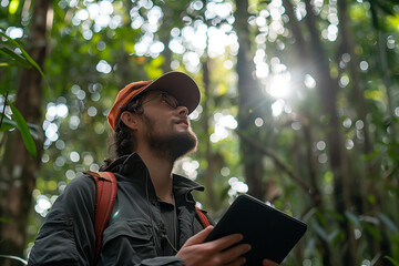 Man in Forest Holding Tablet