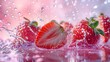   A cluster of strawberries plunging into a rosy-pink pool, surrounded by rippling waves and white-specked surface droplets