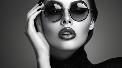 Wall Mural - Striking model in monochrome, adorned with chic sunglasses. Her flawless makeup, polished nails, and stylish attire showcase the latest beauty trends.