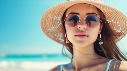 Wall Mural - Stunning photo of a fashionable young woman at the beach, accessorized with a hat and sunglasses. Embodying the essence of summer vibes and carefree travel.