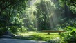 Urban oasis: Amidst the concrete jungle, a tranquil green park emerges, its synthetic foliage glowing softly under the artificial sunlight. A bench invites viewers to sit and contemplate the scene.