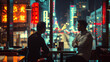 Businessmen Discussing Over Drinks In Neon-Lit City Night