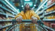 Woman pushing shopping cart in a supermarket, generative ai