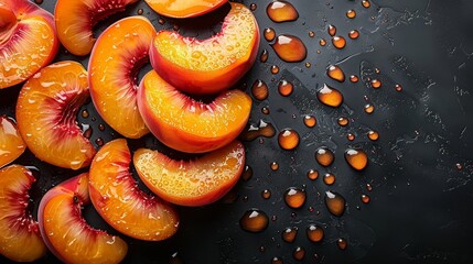Wall Mural -   A table holds a collection of sliced peaches, their edges touching Droplets of water dot the surface beneath them, darkening it against the black background