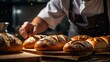 A skilled baker prepares and arranges freshly baked bread in a rustic kitchen setting, illustrating culinary craftsmanship