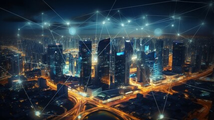 Wall Mural - Imaginative visual of smart digital city with globalization abstract graphic showing connection network. Concept of future 5G smart wireless digital city and social media networking systems