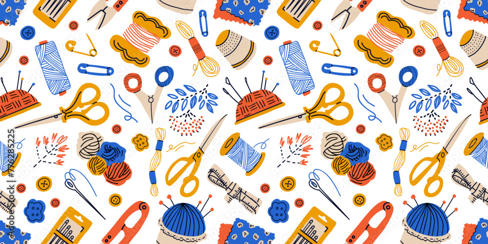 Seamless pattern with different sewing and embroidery tools on white ...