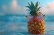 Pineapple is wearing black sunglasses and sunglasses on a blue background. Advertising accessories, summer, vacation.