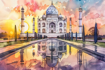 The Taj Mahal is a beautiful white building with a blue dome