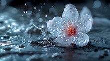   A White Flower Atop Tranquil Water, Petals Dotted With Reflective Droplets