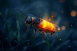 A black bug with orange wings is lit up by a fire