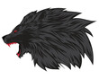 vector design, cartoon illustration of a black lion head with sharp, red eyes and teeth and appearing to be opening its mouth while roaring