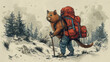   A man with a backpack walks in the snow, accompanied by a squirrel perched on his shoulders
