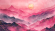 silhouettes of mountains with the setting sun landscape background in watercolor