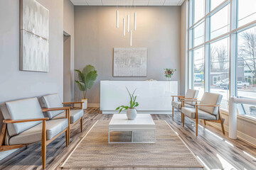 Sticker - A white and brown room with a white table and a potted plant