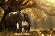 A mother elephant and her baby are standing under a tree