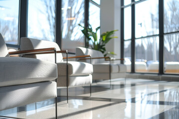 Canvas Print - A room with white chairs and a plant in the middle