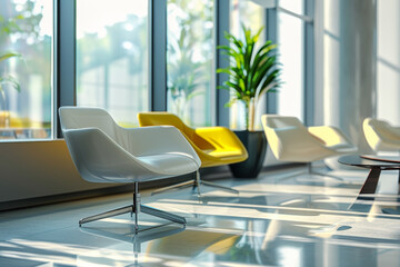 Wall Mural - A white chair sits in a room with a yellow chair and a potted plant