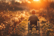 A young boy in a wheelchair is walking through a field