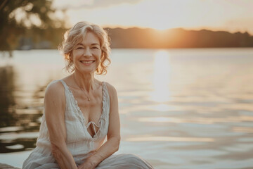 Wall Mural - A woman is sitting on a dock by a lake, smiling and looking out at the water