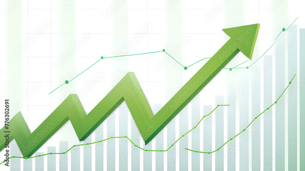 a rising green arrow superimposed over a line graph and bar chart ...