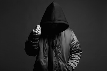Wall Mural - Person in Black Hood. Boy in a hooded sweatshirt